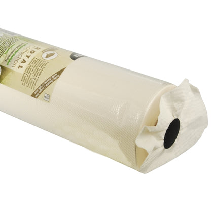 A close-up of a rolled tablecloth by PAPSTAR GmbH, Tissue 'ROYAL Collection', white and textured, with a black hollow core and partially packed in a clear plastic wrap with the product label.