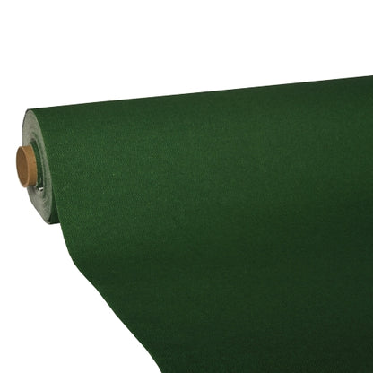 A close-up of a partially unrolled roll of tablecloth from PAPSTAR GmbH, tissue "ROYAL Collection", in dark green shows its high-quality tissue against a white background.