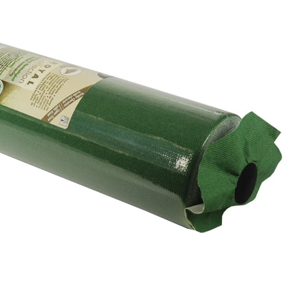 A close-up of a rolled-up artificial turf with a green textured surface, similar to the high-quality PAPSTAR tablecloth, Tissue 'ROYAL Collection' by PAPSTAR GmbH, and a partially visible label around the roll.