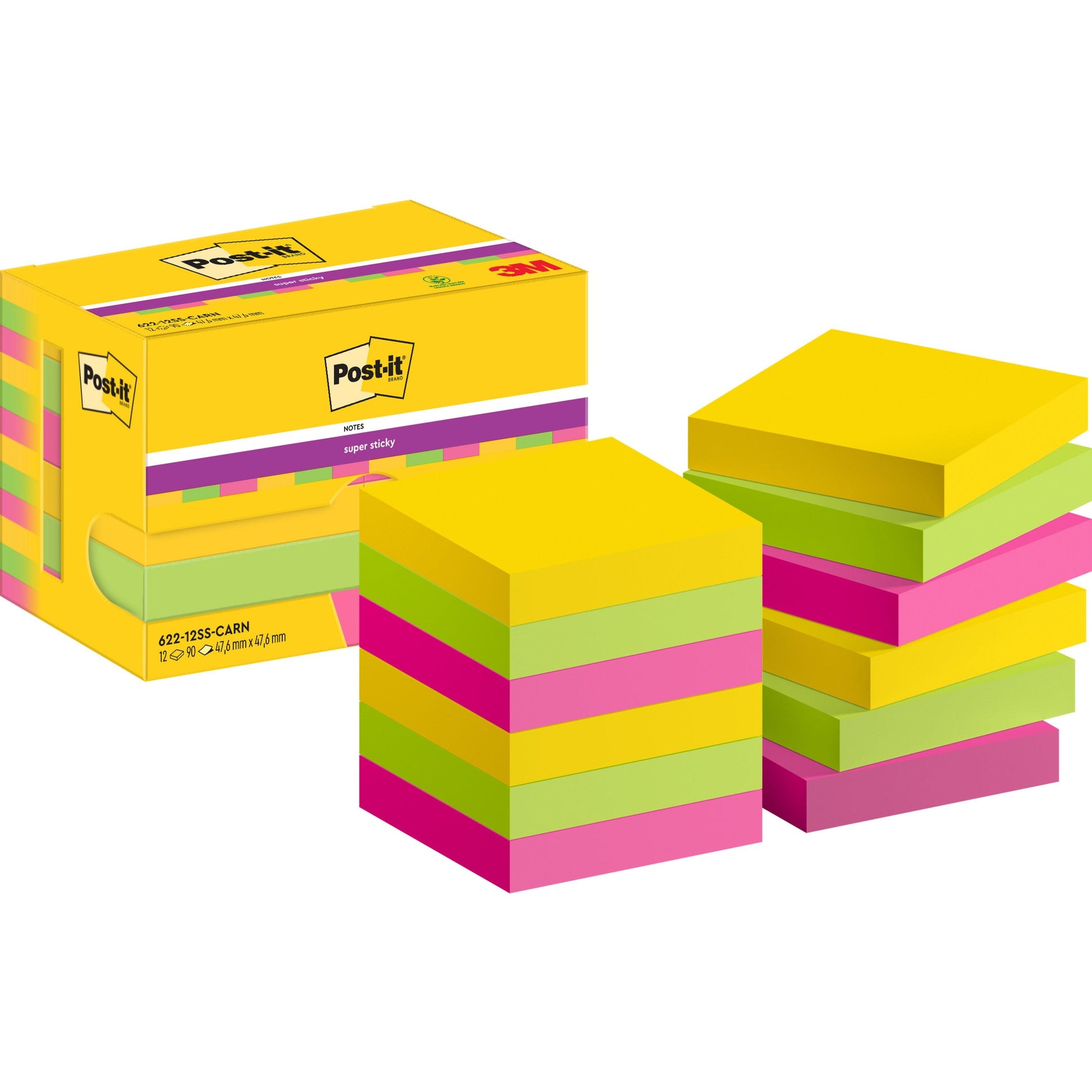 Eine gelbe Schachtel der 3M Deutschland GmbH Post-it® Super Sticky Notes (47,6 mm x 47,6 mm, 90 Blatt/Block, 100% PEFC) steht neben mehreren Stapeln quadratischer Zettel in Gelb, Grün und Rosa mit den Logos von Post-it und 3M.