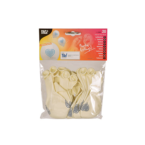 Clear packaging with 20 PAPSTAR balloons "Bavarian Blue" (25 cm, white latex with blue heart pattern) from PAPSTAR GmbH; red and white top label. Ideal for Oktoberfest decor and other celebrations.
