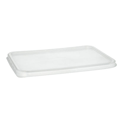 A Starpak 50 lid for packaging cups, PP transparent, 0.7 x 18.6 x 13.3 cm (50 pieces), is depicted on a white background. It features a raised edge and lies flat to cover and seal the matching container.