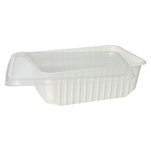 A transparent Starpak lid (PP, 0.7 x 18.6 x 13.3 cm) for packaging cups, shown slightly raised and partially covering the top of a white plastic food container with ribbed sides; the set includes 50 lids.
