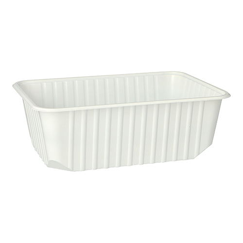 Der Starpak 50 Verpackungsbecher ist ein weißer, rechteckiger 1-Liter-PP-Vorratsbehälter (6,3 × 18,6 × 13,3 cm) mit vertikalen Seitenrippen und abgerundeten Ecken, erhältlich in einer Packung zu 50 Stück, abgebildet vor einem weißen Hintergrund.