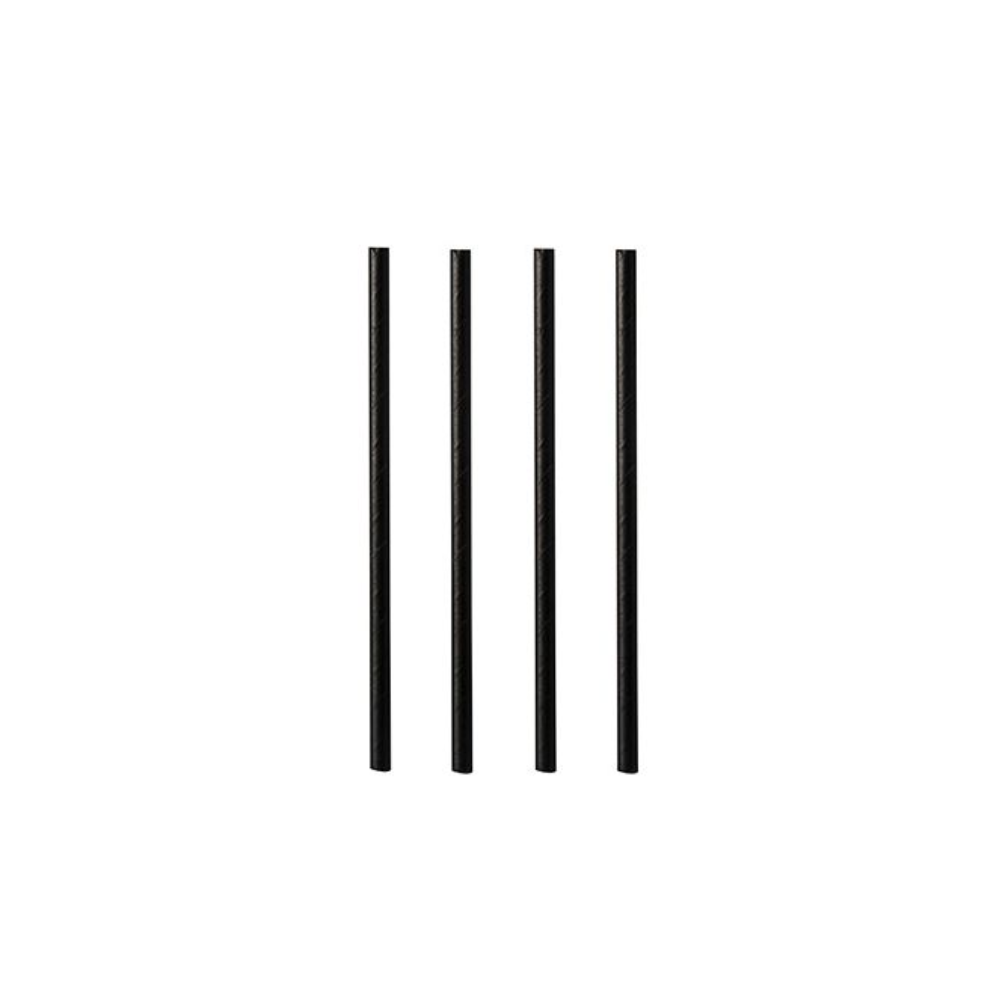 The black cocktail paper straws from PAPSTAR GmbH with a diameter of 7 mm and a length of 15 cm are arranged at regular intervals on a plain white background, each reminiscent of FSC®-certified materials.
