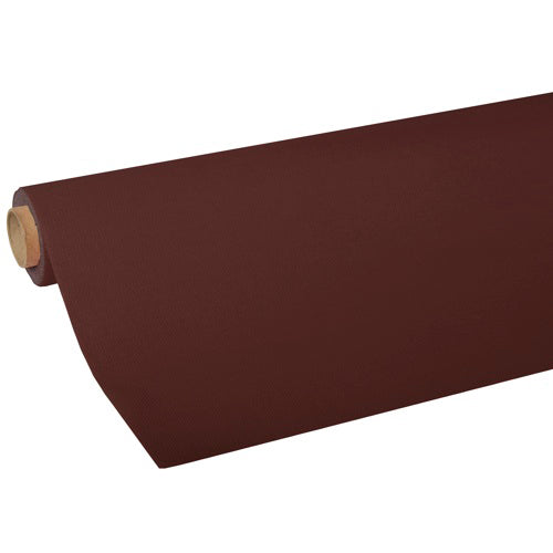 A roll of tablecloth tissue "ROYAL Collection" from PAPSTAR GmbH in brown is partially unrolled on a white background, showing the inner cardboard tube and the high-quality tissue.