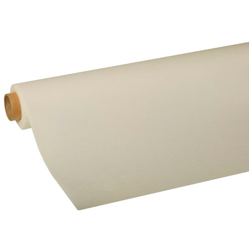 A roll of cream-colored PAPSTAR tablecloth, tissue "ROYAL Collection" from PAPSTAR GmbH, partially unrolled on a cardboard roll against a white background – perfect for projects requiring premium tissue quality.