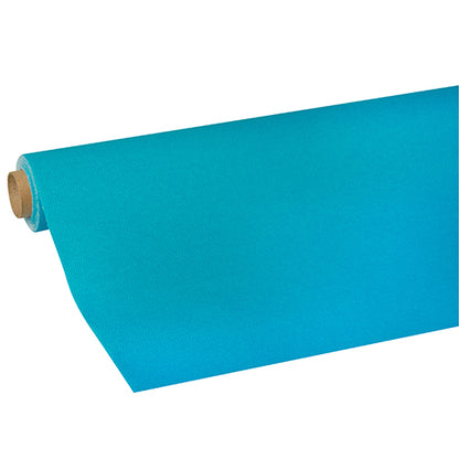 A partially unrolled tablecloth from PAPSTAR GmbH, Tissue "ROYAL Collection" in bright turquoise, shows its high-quality tissue material as it extends from the core of the roll against a simple white background.