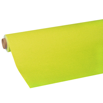 A roll of bright yellow-green PAPSTAR tablecloth, Tissue "ROYAL Collection" from PAPSTAR GmbH, partially unrolled and wrapped around a cardboard tube.