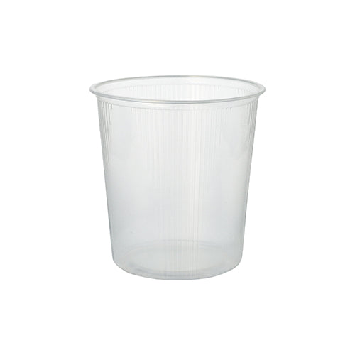 The Starpak 100 packaging cup made of transparent PP with a smooth rim and slightly conical sides is depicted against a plain white background.