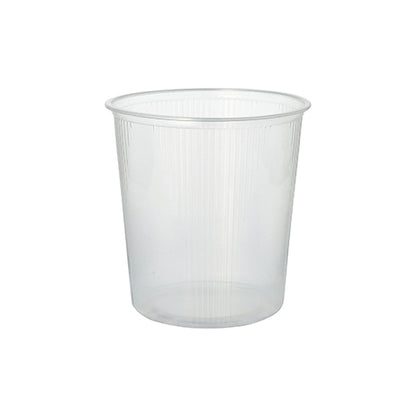 The Starpak 100 packaging cup made of transparent PP with a smooth rim and slightly conical sides is depicted against a plain white background.