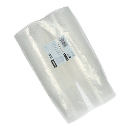 A sealed plastic package containing 100 Starpak packaging cups, PP round, transparent, is shown against a white background with a rectangular Starpak label on the package.