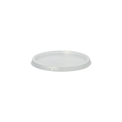 The Starpak 100 lid for packaging cups is a transparent, flat PP lid (Ø 10.1 cm · 0.8 cm) with a raised edge for round containers, shown in the oblique side view on a white background. Package contains 100 pieces.