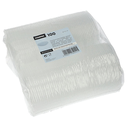 A transparent, foil-wrapped package with 100 Starpak lids for packaging cups (round, Ø10.1 cm, 0.8 cm) made of PP. The label displays product details, barcode, and recycling symbols.