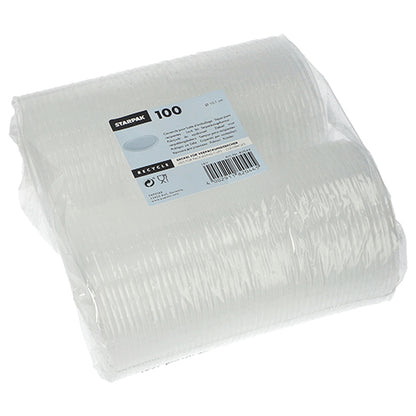 A transparent, foil-wrapped package with 100 Starpak lids for packaging cups (round, Ø10.1 cm, 0.8 cm) made of PP. The label displays product details, barcode, and recycling symbols.