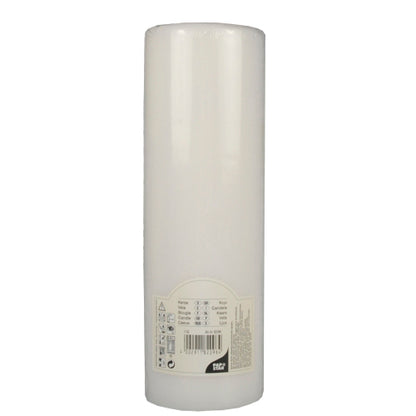 A white PAPSTAR pillar candle Ø 80 mm with flat top (250 mm long, shrink foil, 1 piece) from PAPSTAR GmbH stands unused with a smooth surface and label at the base.