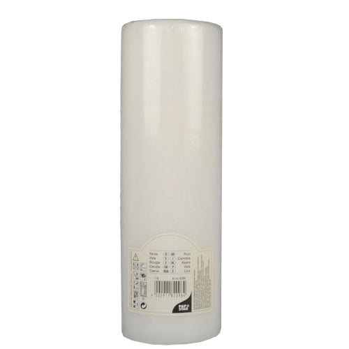 Eine weiße PAPSTAR Stumpenkerze Ø 80 mm mit Flachkopf (250 mm lang, Schrumpffolie, 1 Stück) von PAPSTAR GmbH steht unbenutzt mit glatter Oberfläche und Etikett am Sockel.