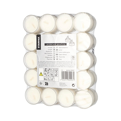 A pack of 40 white Starpak tealights (Ø 38 mm, 19 mm) is delivered in a polycarbonate casing for safety reasons, with a central rectangular label on the shrink-wrapped shell displaying product information, instructions, and warnings.