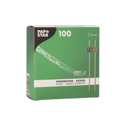 The green box from PAPSTAR GmbH contains 100 finger food picks, each 9 cm long, with black and red tips - perfect as writable chalkboard decorations for your next party.