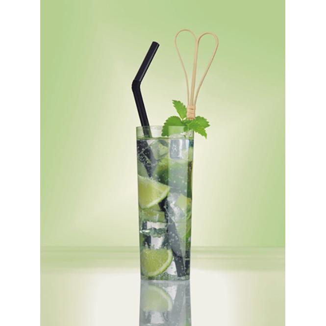 A tall glass of sparkling water with ice, lime wedges, and mint leaves is equipped with two black straws and a PAPSTAR GmbH 100 Fingerfood-Pick with a loop top. The background is a gentle green gradient.