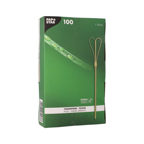The green box labeled "PAPSTAR 100 Fingerfood - Picker" from PAPSTAR GmbH contains 18 cm long bamboo picks, ideal for finger food. The packaging shows a single picker and highlights the bamboo material.