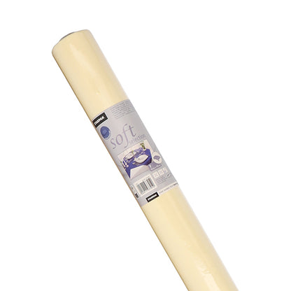 A roll of Starpak tablecloth, fabric-like, fleece 'Soft Selection', cream-colored and soft, is presented against a white background with packaging showing product details and an example of use on a shelf or drawer.