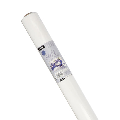 On a white background, a diagonally placed roll of Starpak tablecloth, fabric-like, fleece 'Soft Selection' is depicted, with a label showing product details, the brand name Starpak, and the image of a made bed.