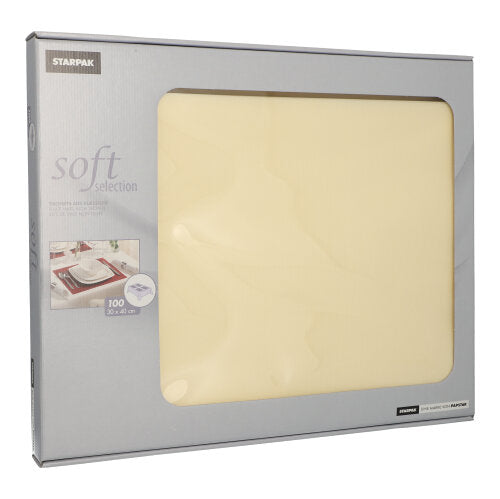 Eine Schachtel Starpak Soft Selection Tischsets aus stoffähnlichem Vlies enthält 100 cremefarbene Sets im Format 30 x 40 cm. Die teilweise transparente Verpackung zeigt Details – ideal für elegante Tischdekoration oder passende Servietten.