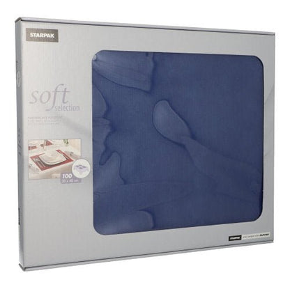 A silver Starpak box with the inscription "Soft Selection" shows dark blue, fabric-like fleece table sets (30 x 40 cm), with an elegant table decor image and a transparent window through which 100 pieces inside are visible.