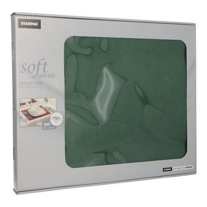 A box of Starpak 100 table sets, fabric-like, fleece "Soft Selection" (30 x 40 cm), features a transparent window and a photo of an elegant table decoration on the front.