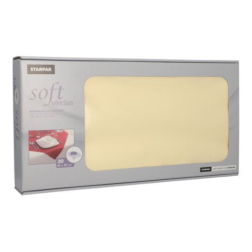 A rectangular box of Starpak 20 napkins, fabric-like, fleece "soft selection" (80x80 cm), in cream, is depicted against a white background. The predominantly gray packaging highlights product details and is ideal for gastronomy use.