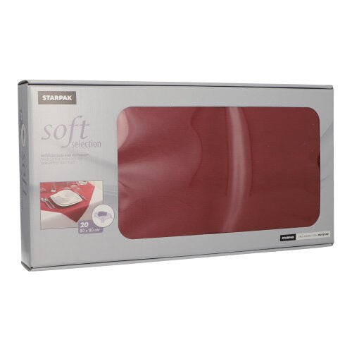Depicted is a rectangular box with 20 Starpak napkins "Soft Selection" 80x80cm, fabric-like fleece. The gray packaging has a viewing window with the napkins and a dining table motif, ideal for the gastronomy sector.