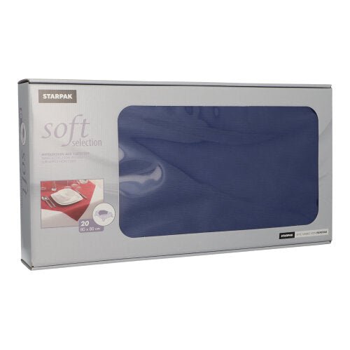 A rectangular box with 20 fabric-like napkins from fleece "Soft Selection" by Starpak (80 x 80 cm) features a viewing window with blue napkins. The predominantly gray packaging shows product information and a gastronomy table setting.