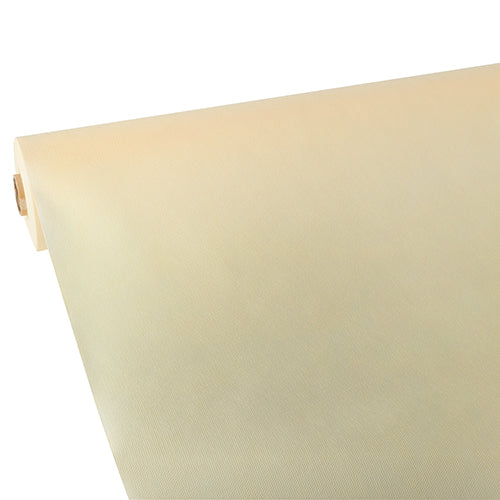 A roll of Starpak tablecloth, fabric-like, fleece 'soft selection' by Starpak is partially unrolled and placed at an angle against a white background. The beige surface appears smooth and even.