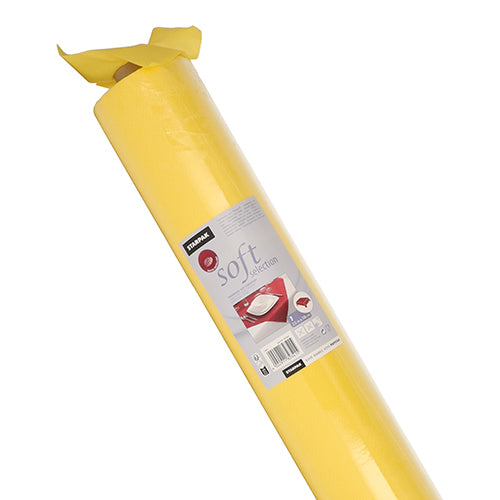 A roll of Starpak tablecloth, fabric-like fleece tablecloth "Soft Selection", partially unpacked, to show its soft, fabric-like quality, with a label featuring the Starpak brand, usage information, and a table image.