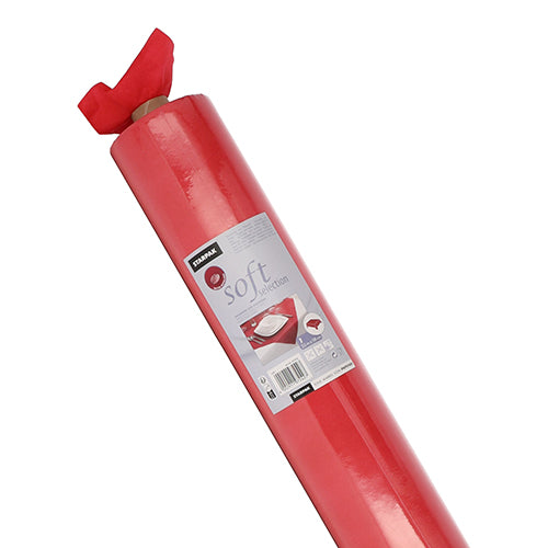 A roll of red Starpak tablecloth, fabric-like fleece "Soft Selection", wrapped in clear foil with a product label and barcode, features a sheet partially pulled out at the top.