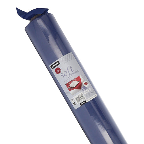 A blue roll of Starpak tablecloth, fabric-like, fleece 'Soft Selection', is depicted at an angle. The label shows product details and the image of a table with a red Starpak cloth.