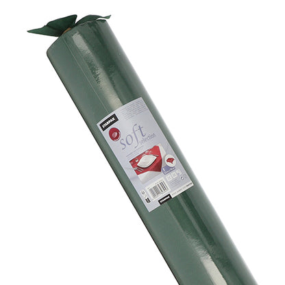 A roll of Starpak tablecloth, fabric-like, fleece "Soft Selection" with a fabric-like feel. With green design, brand information, barcode, and table setting image for a high-quality look. Brand: Starpak.