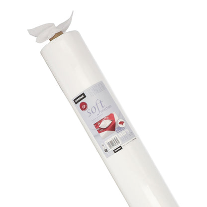 Pictured is a large white roll of Starpak tablecloth, fabric-like, fleece "Soft Selection" with a "Soft Selection" label featuring an ironing board, placed diagonally on a plain white background.