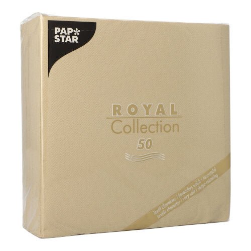 A sand-colored package PAPSTAR GmbH 50 napkins "ROYAL Collection" 1/4-fold (40 x 40 cm) with predominantly simple packaging with gold and white lettering and a black logo in the upper left corner.