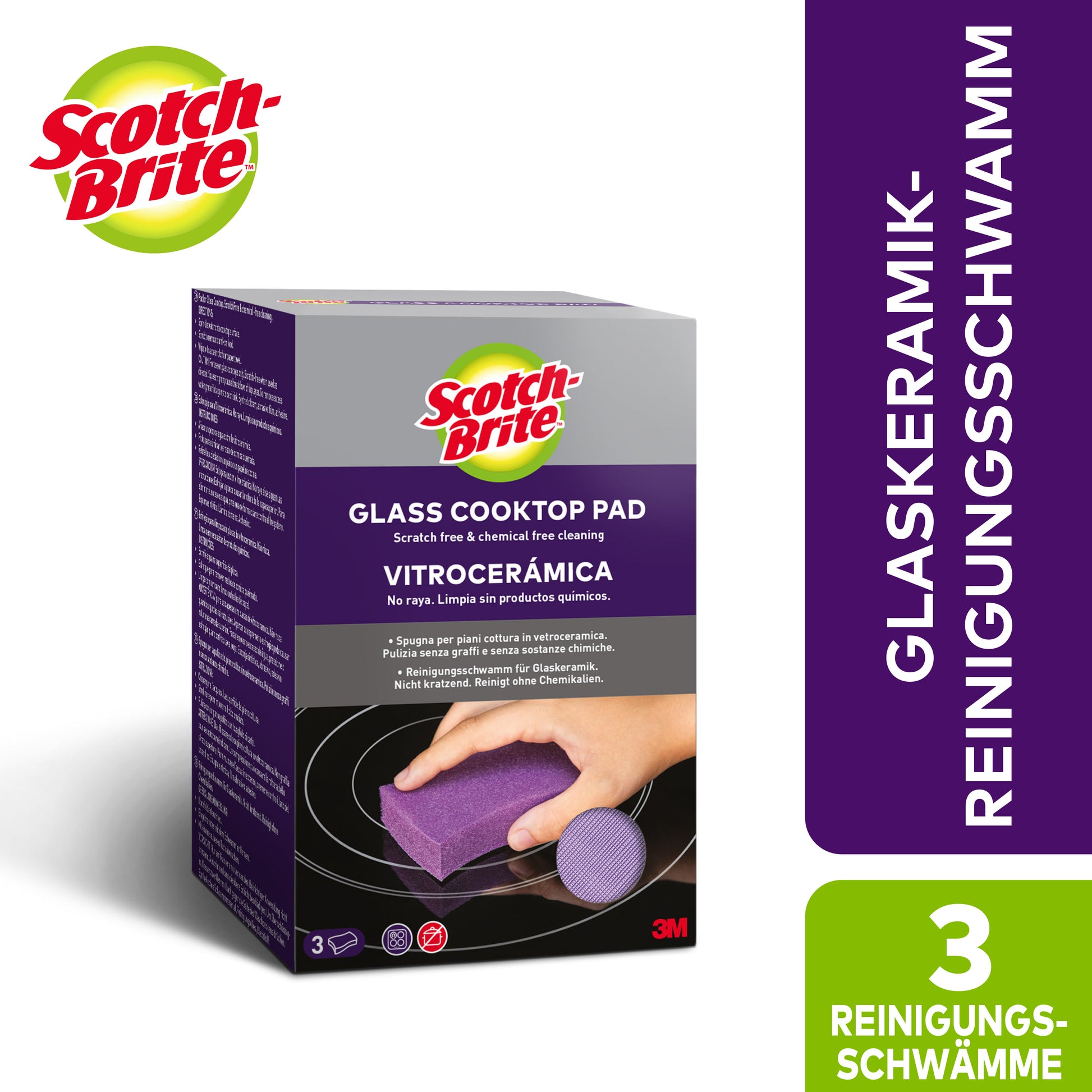 Abgebildet ist eine Packung 3M Scotch-Brite™ Glaskeramik-Reinigungsschwamm. Die meist lilafarbene Verpackung zeigt Reinigungshinweise in mehreren Sprachen, eine Hand mit dem Schwamm und den Hinweis, dass es sich um eine Packung mit 1 Stück handelt. Marke: 3M Deutschland GmbH.