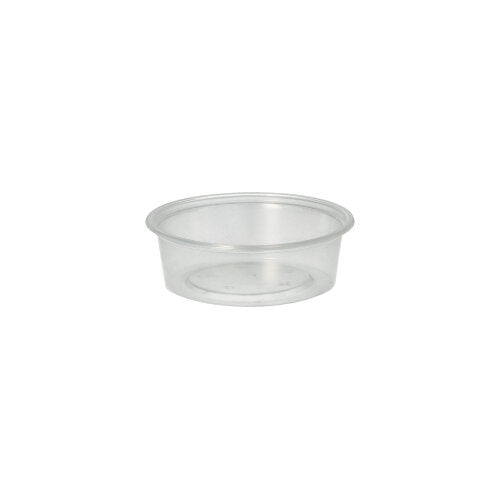 The Starpak 50 dressing cup, PP round Ø 7.1 cm transparent, is a clear, round dressing cup with a flat bottom and angled sides - perfect for catering service.