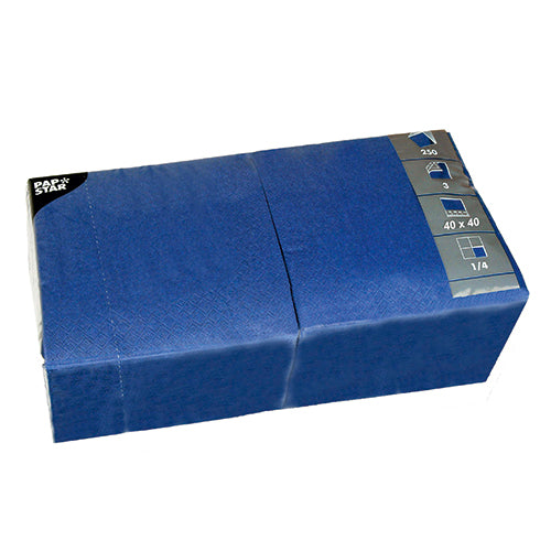 A blue rectangular package PAPSTAR 250 napkins, 3-ply 1/4-fold from PAPSTAR GmbH, each napkin 40x40 cm - eco-friendly and perfect for gastronomy, with product info and logo at the top corner of the packaging.