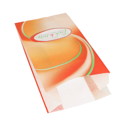 A Starpak 1000 sight strip bag (33x16x8.7 cm) in white with "Fresh & Tasty" design lies flat and open on a white background, ideal for food storage. From shrink wrap. Package contains 1000 bags.