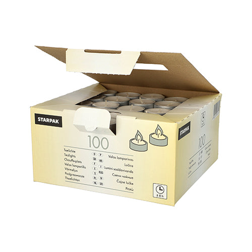 The Starpak folding box contains 100 white tealights (Ø 38 mm, 22 mm), neatly arranged. Each candle offers a long burn time of 8 hours – ideal for a long-lasting atmosphere.