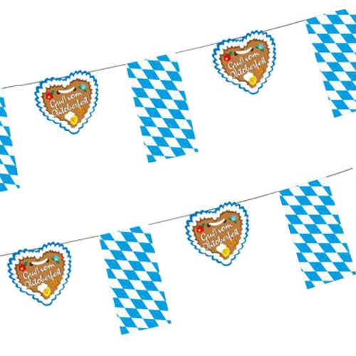 Decorate your Bavarian party with the PAPSTAR GmbH flag garland paper (4 m) featuring blue and white lozenge flags and heart accents with "Greetings from Oktoberfest" - the perfect bag (1 piece) for Oktoberfest decoration!.