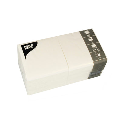 A stack of PAPSTAR 200 napkins, 3-ply, 1/4-fold, 24x24 cm from PAPSTAR GmbH, with product information such as napkin size and quantity on the packaging.