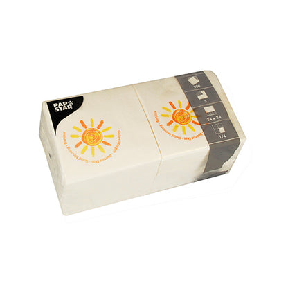 A pack of 200 high-quality, 3-ply PAPSTAR napkins (1/4-fold, 24x24 cm) from PAPSTAR GmbH with yellow sun graphics and branding. The packaging shows napkin folding symbols and size specifications.