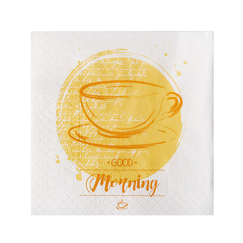 The 3-ply white napkins (24 x 24 cm, 1/4-fold) from PAPSTAR GmbH feature a yellow teacup and saucer with handwritten script and "Good Morning" in orange; pack of 200 pieces.