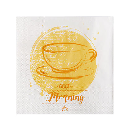The 3-ply white napkins (24 x 24 cm, 1/4-fold) from PAPSTAR GmbH feature a yellow teacup and saucer with handwritten script and "Good Morning" in orange; pack of 200 pieces.